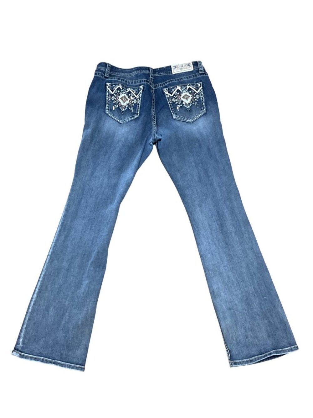 Grace Bootcut Jeans Sz 33 Embroidered Aztec-Style Pockets Medium Wash Distressed